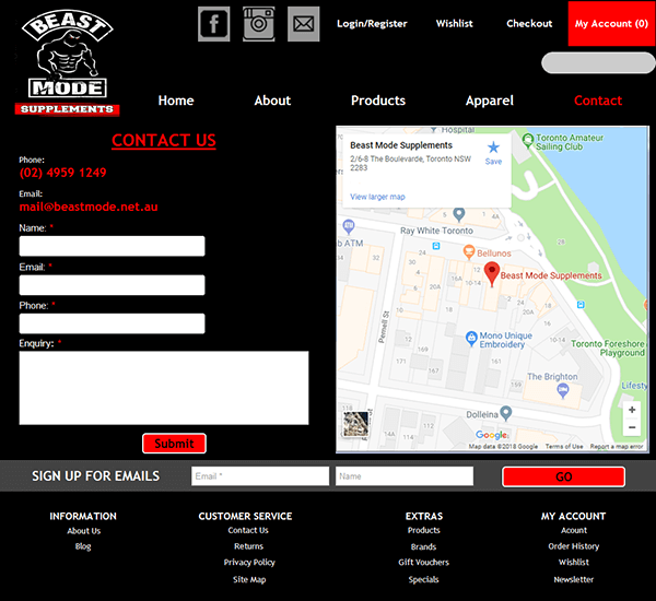 Beast Mode Supplements Mockup Contact Webpage